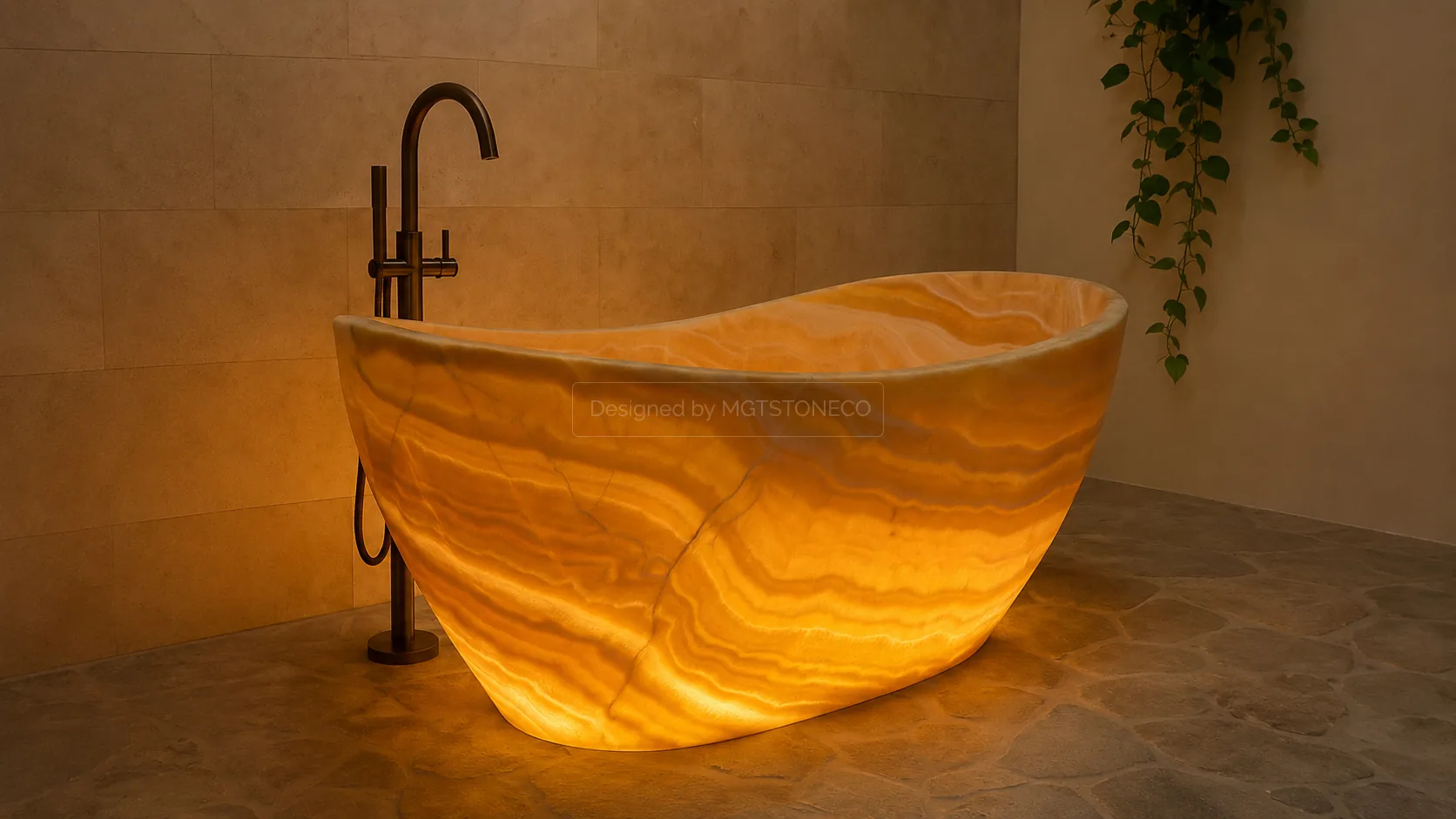 Freestanding backlit amber onyx bathtub
