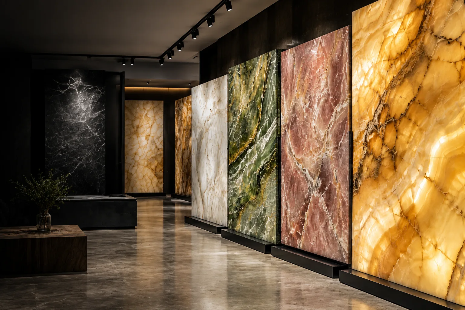 Backlit onyx slabs displayed in a dark showroom