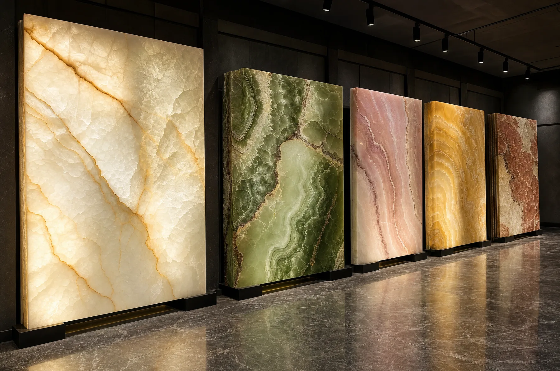 Illuminated white, green, pink, and amber onyx slabs