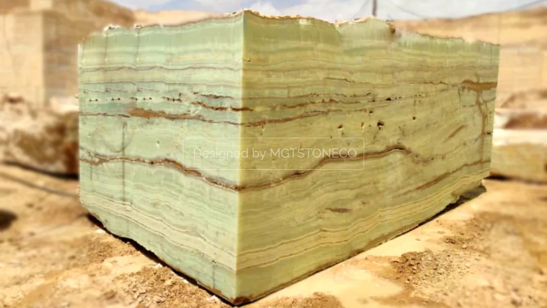 Raw green Iranian onyx block at a quarry