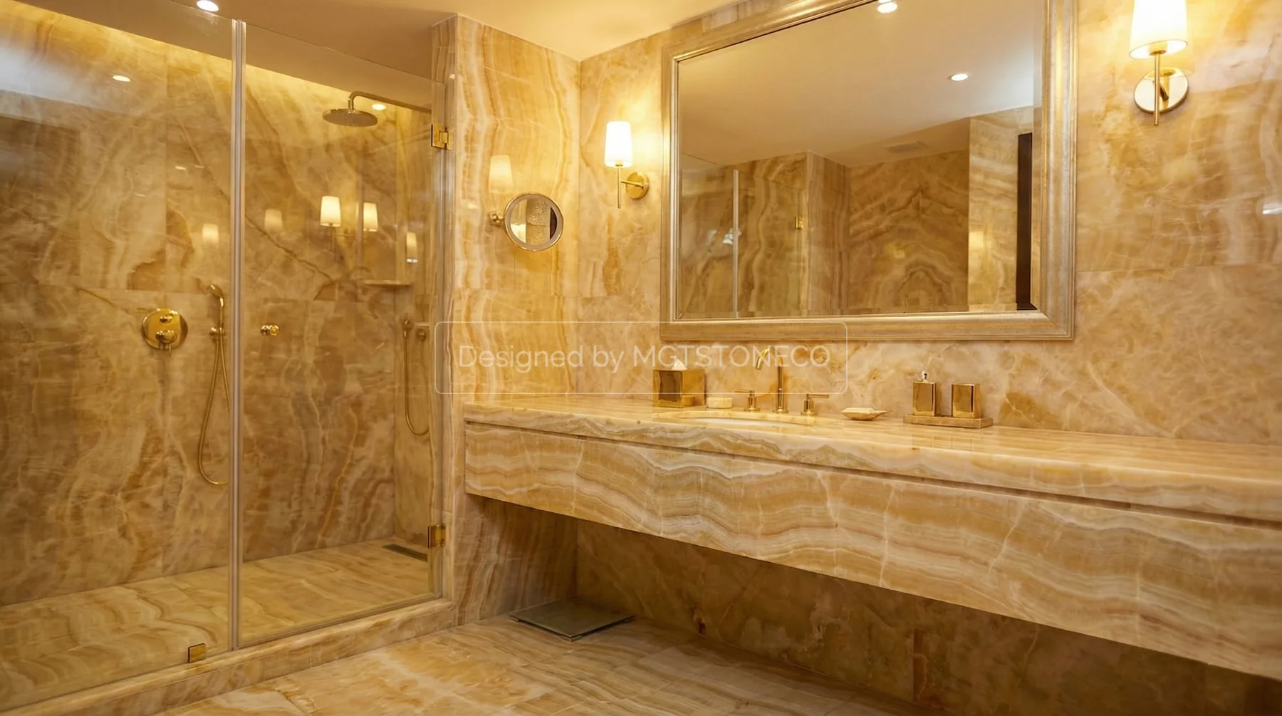 Bathroom with mango onyx walls, shower, vanity, and bench