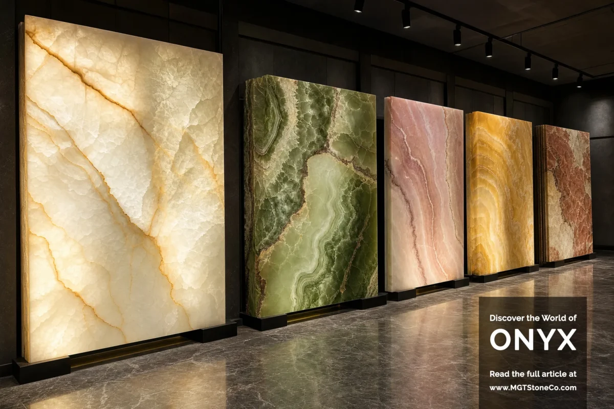 A gallery of illuminated onyx slabs in different colors