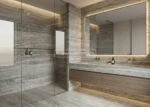 Marjan Silver Travertine bathroom design with veined shower walls, flooring and a double vanity.